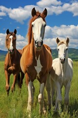 Obraz premium Three horses standing in a green field looking at the camera