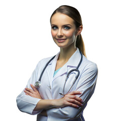Fototapeta premium A smiling female doctor in a lab coat stands with crossed arms