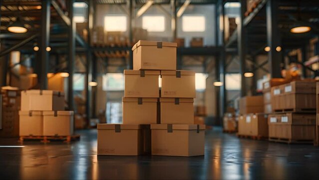 Stacking brown boxes against container, tidy warehouse setting,