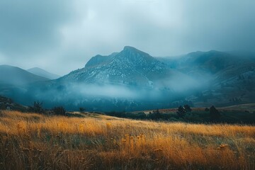 Fototapeta premium mountain landscape with fog and tall grass in the foreground