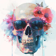 Abstract artwork Brightly colored skull with sunglasses and flowers on head splashes of paint artistic expression t shirt design skull paint, fantasy skull, watercolor digital painting