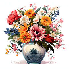 A beautiful modern clip art of a beautiful Flower Ceramic urns, freshy colourful, overflowing with assorted blooms and greenery, beautiful wedding style, single objects, isolated on white background.