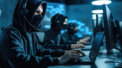 Call center scammer concept. Swindler criminals in black hood wearing mask and headsets and using...