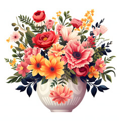 A beautiful modern clip art of a beautiful Flower Ceramic urns, freshy colourful, overflowing with assorted blooms and greenery, beautiful wedding style, single objects, isolated on white background.