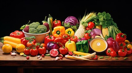 A colorful still life painting of vegetables and fruits
