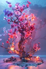 Fantasy cherry blossom tree with pink and purple flowers - obrazy, fototapety, plakaty