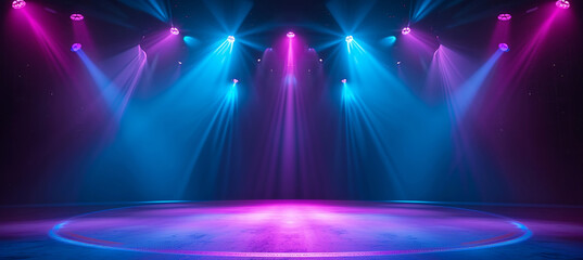 Modern vibrant colorful stage multiple lights, dance performance atmosphere, theatrical lighting, pink and blue lighting