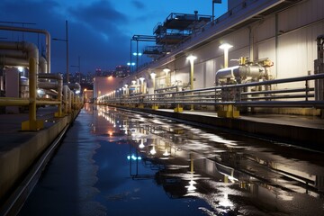 Fototapeta premium An industrial cityscape at night with a long wet corridor with pipes and catwalks on both sides and a puddle reflecting the lights