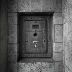Black and white image of a peephole in a rusty metal door