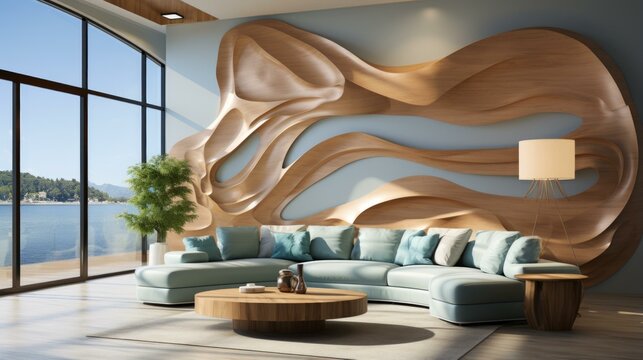 Artistic wooden wall decor in a modern living room