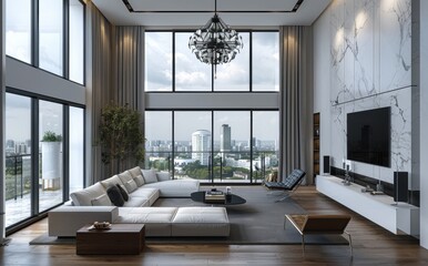 modern interior design of living room with white walls and big windows, double height ceiling, modern sofa, black chandelier hanging from the high ceiling, wooden floor, tv on wall