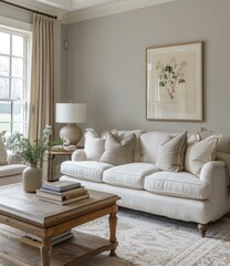 Fototapeta premium Elegant living room with neutral sofa and botanical art