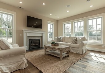 Fototapeta premium Bright living room with white sofa and fireplace