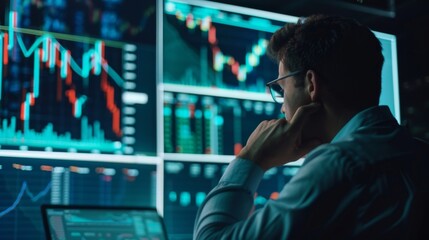 Fototapeta premium A businessman studying stock performance charts, making informed decisions for investment portfolios and financial growth.