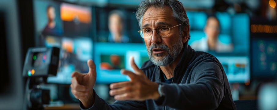 Mature man speaking in video production studio
