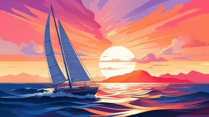 A sailboat is sailing on the sea at sunset