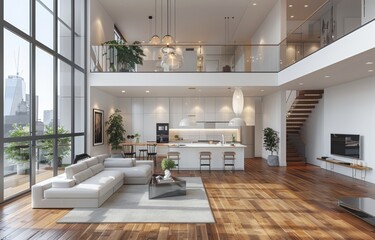 modern interior of open plan living room and kitchen with staircase in loft apartment, photorealistic rendering, white walls, wood floor, sofa on the left side of view, glass ceiling