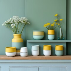 Colorful ceramic pots and vases with white flowers on a green background