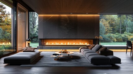 Sleek modern living room with a large window, black wooden floor and walls in light wood color,...