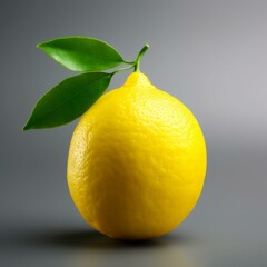 Single lemon with leaves on gray background