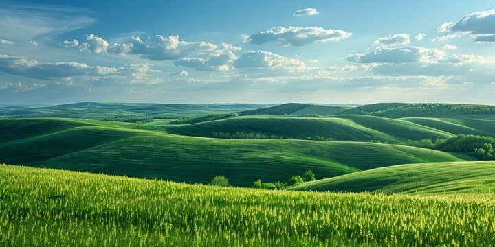 Landscape of green rolling hills under blue sky and white clouds