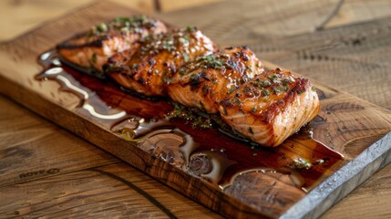 A cedar plank grilled salmon fillet, infused with smoky flavor from the wood and served with a maple glaze for sweetness.