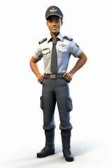 A 3D illustration of a male pilot wearing a grey uniform and black boots