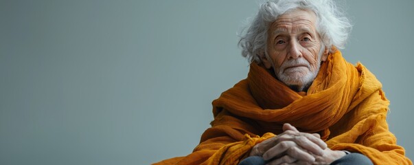 Elderly man in a bold orange shawl with a sad look - Powered by Adobe