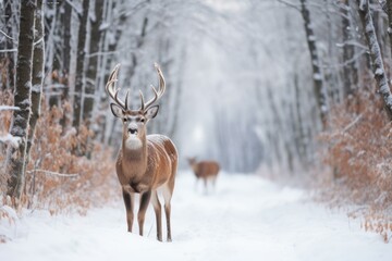 A majestic deer stands in the middle of a snowy forest