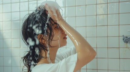 Naklejka premium Asian woman washing her hair in the bathroom white tile background.