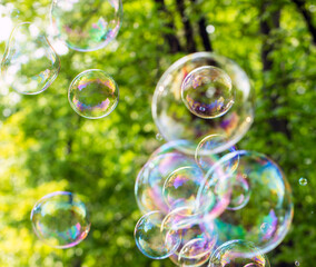 soap bubbles close-up on a background of sun and greenery, abstract background, positive mood,...