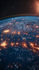 Many Satellites Flying over Earth as Seen from the Space, They Connect and Cover Planet with Digitalization Network of Information. Global Data Grid Connecting Whole World. 3D VFX Rendering，Aerial