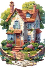 Fototapeta premium A cute cottage with a garden full of flowers