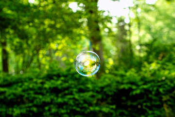 a perfectly round soap bubble of a blue hue, with solar reflection and shimmer of light against a...