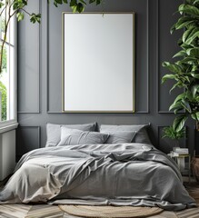 Villa bedroom with bed, dark gray headboard fabric and linen, window side mockup frame poster wall art blank white canvas for photography or painting, interior design home decor