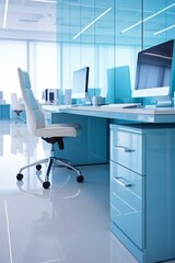 Blue and white modern office interior with glass walls and large windows