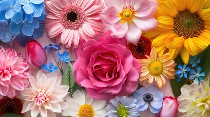 A variety of flowers. A collection of different types of flowers displayed against background.