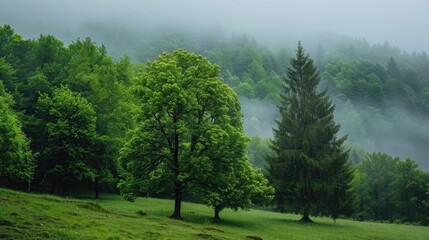 Horizontal landscape green trees in the fog.