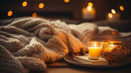 A cozy blanket and a warm cup of tea by the fireplace
