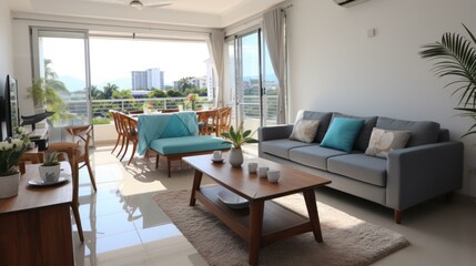 Modern living room with large windows and a view of the city