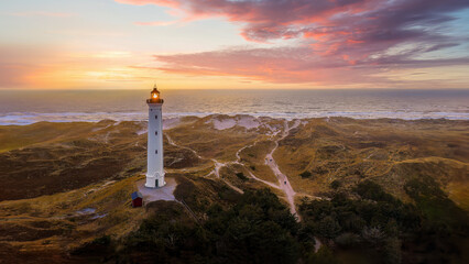 Built in 1906, the 38 meter tall Lyngvig Fyr Lighthouse on the Danish North Sea coast serves as a...