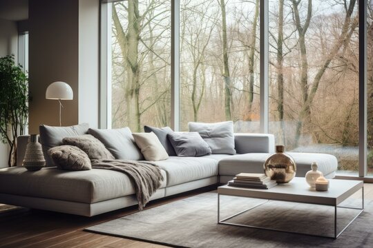 Fototapeta A modern living room with a large window looking out onto a forest