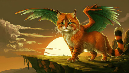 A stunning illustration of a huter cat, a mythical feline creature, with vibrant orange fur and piercing blue eyes