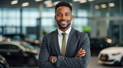 Fototapeta premium Portrait of a successful African American businessman in a suit and tie standing in a car dealership with his arms crossed