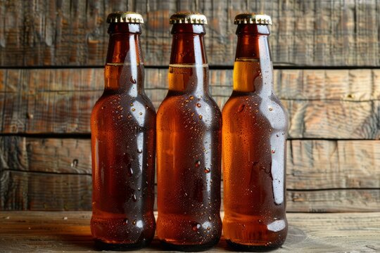 Three beer bottles on a wooden table