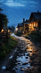 Fototapeta premium A cobblestone street in a small village with traditional stone cottages on both sides and a starry night sky