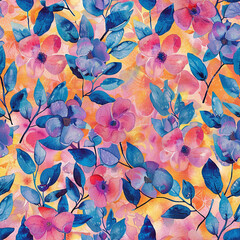 Pretty Retro Floral Pattern Sunset Colors Watercolor, Seamless Pattern