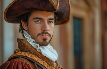 a dapper musketeer dressed in period regalia, exuding courage and chivalry in a captivating Renaissance scene