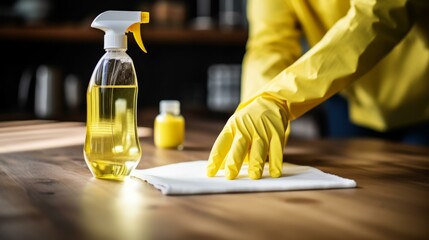 A person wearing yellow gloves is wiping a table with a cloth and disinfectant spray. - Powered by Adobe