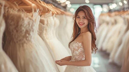 Fototapeta premium woman trying on a bridal gown in a store